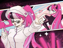  1girl alternate_costume bow cookie_run cookie_run:_ovenbreak cropped_jacket eyelashes glitter glitter_in_hair hair_bow hat heart highres jacket official_alternate_costume one_eye_closed shining_glitter_cookie smile sunglasses 