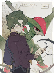  1boy black_sclera brassius_(pokemon) bright_pupils closed_mouth colored_sclera fingernails green_hair grey_eyes highres holding_chisel iron_leaves long_sleeves luminous_slime male_focus non-humanoid_robot pink_eyes pokemon pokemon_sv robot robot_animal short_hair smile white_pupils 