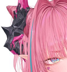  arknights arknights:_endfield black_horns blue_eyes blue_streaks blush bright_pupils commentary_request dragon_girl dragon_horns eye_focus eyelashes hair_around_horn hair_horns hair_intakes heart heart_sticker highres horns multicolored_eyes multicolored_hair multicolored_horns pink_hair pink_horns pointy_ears simple_background split_crop star-shaped_pupils star_(symbol) sticker streaked_hair symbol-shaped_pupils tarutaru_(ryousuke) two-tone_eyes two-tone_horns white_background yvonne_(arknights) 