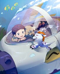  1boy air_bubble algae brown_hair bubble closed_eyes digimon digimon_(creature) digimon_adventure_02 fish gomamon green_eyes hand_to_hand hida_iori jacket looking_at_another lying male_focus on_stomach pants riding_digimon sabmarimon ship submarine submerged t_k_g underwater watercraft 