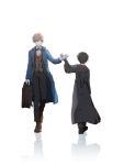  2boys black_hair bloom bow bowtie briefcase brown_hair closed_eyes coat creator_connection fantastic_beasts_and_where_to_find_them harry_james_potter harry_potter high_five highres hood kurosujuu male_focus multiple_boys newt_scamander reflection robe simple_background smile walking white_background 