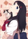  1girl black_hair blue_eyes blush brown_eyes caidychen cat female hair_ornament hairpin kyo00d long_hair ribbon school_uniform solo 