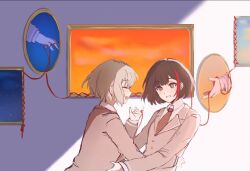  2girls :d aoba_moca bang_dream! bang_dream!_girls_band_party! black_hair black_necktie blonde_hair blush buttons closed_eyes collared_jacket collared_shirt crreamer from_side grey_jacket hand_on_another's_waist haneoka_school_uniform hashtag-only_commentary jacket long_sleeves looking_at_another mitake_ran multicolored_hair multiple_girls necktie open_mouth pink_eyes pinky_out portrait_(object) red_streaks school_uniform shade shirt short_hair simple_background smile streaked_hair string string_of_fate string_on_pinky sunset teeth white_shirt yuri 