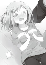  029 1boy 1girl @_@ blush breasts clenched_hands collarbone from_above full-face_blush greyscale hand_on_another's_shoulder hands_on_own_chest hataraku_maou-sama! highres large_breasts lying monochrome novel_illustration official_art on_back open_mouth pants raised_inner_eyebrows sasaki_chiho shirt short_sleeves shorts sidelocks simple_background t-shirt tented_shirt third-party_source two_side_up unconscious wooden_floor 