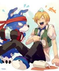  1boy black_pants blonde_hair blue_fur blue_necktie blush body_fur boxing_gloves closed_eyes collared_shirt cup digimon digimon_(creature) digimon_savers furry furry_male gaomon gloves green_vest headband holding holding_cup jar laughing looking_at_another male_focus necktie on_floor open_mouth pants red_headband shirt sitting slippers smile spilled_drink t_k_g tea touma_h._norstein vest white_shirt 
