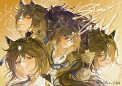  1girl animal_ears asymmetrical_shirt black_gloves black_hair breasts brown_eyes brown_hair character_name coat collarbone commentary creature_and_personification ear_covers english_commentary gloves goggles goggles_around_neck hair_between_eyes highres horse horse_ears horse_girl long_hair multicolored_hair multiple_views negitoro_0326 parted_lips personification real_life running shirt small_breasts smile stay_gold_(racehorse) stay_gold_(sunlit_outsider)_(umamusume) stay_gold_(umamusume) sweat umamusume white_hair white_shirt wrist_belt yellow_coat 