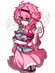  1girl arm_under_breasts between_fingers black_hairband blue_shirt breasts buttons cigarette commentary eyeball frilled_shirt_collar frilled_skirt frilled_sleeves frills garter_straps hair_ornament hairband hashtag-only_commentary heart heart_button heart_hair_ornament highres holding holding_cigarette komeiji_satori long_sleeves medium_breasts pink_eyes pink_hair pink_skirt rampa93 satori_day shirt skirt smoke smoking solo thigh-highs third_eye touhou wide_sleeves 