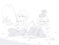  2boys boots broken closed_eyes closed_mouth collared_shirt fish fishing fishing_rod full_body greyscale hanamura_yousuke highres holding holding_fishing_rod indian_style kkyagdoyo164972 knees_up male_focus monochrome multiple_boys narukami_yu object_on_head open_mouth pants persona persona_4 shirt shoes short_hair short_sleeves simple_background sitting unworn_boots water wet white_background 