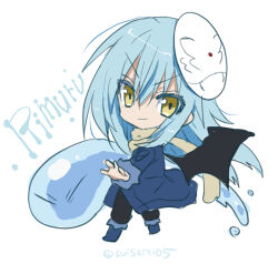  >:) 1other akatsuki_(ggsy7885) ankle_boots black_pants black_wings blue_boots blue_coat blue_hair boots brown_scarf character_name chibi coat commentary_request demon_wings full_body fur-trimmed_sleeves fur_scarf fur_trim hair_between_eyes light_smile long_hair long_sleeves mask mask_on_head messy_hair pants rimuru_tempest rimuru_tempest_(slime) scarf sidelocks simple_background slime_(creature) solo tensei_shitara_slime_datta_ken v-shaped_eyebrows white_background wings yellow_eyes 