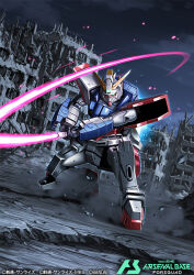  amasaki_yusuke arm_armor armor armored_skirt attack building city clouds commentary_request debris dust energy energy_sword facing_viewer g_gundam glowing glowing_eyes green_eyes gundam gundam_arsenal_base holding holding_sword holding_weapon incoming_attack joints looking_at_viewer mecha mecha_focus mobile_suit night no_humans no_pupils official_art outdoors partial_commentary robot robot_joints ruins science_fiction shining_gundam shoulder_armor shoulder_cannon slashing squatting sword thrusters v-fin weapon 