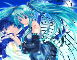  1boy 1girl aqua_eyes aqua_hair aqua_necktie aqua_trim bare_shoulders black_skirt black_sleeves blue_eyes blue_hair blue_scarf breasts coat collared_shirt commentary detached_sleeves floating_hair floating_scarf grey_shirt hair_ornament hand_on_another's_shoulder hatsune_miku headphones kaito_(vocaloid) long_hair looking_at_viewer medium_breasts musical_note musical_staff necktie open_mouth roozaku scarf shirt short_hair shoulder_tattoo skirt sleeveless sleeveless_shirt smile sparkle tattoo twintails vocaloid white_coat white_mouth 