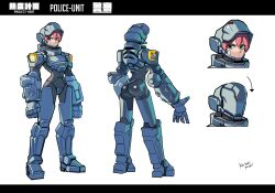  1girl absurdres armor arms_at_sides ass assault_visor cyberpunk cyborg from_behind full_armor green_eyes highres koutetu_yarou letterboxed looking_at_viewer multiple_views original power_armor red_hair science_fiction signature 