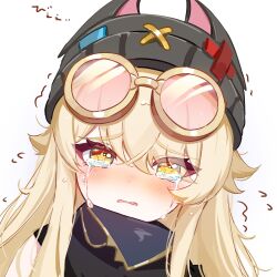  1girl alternate_hairstyle black_hat blonde_hair commentary_request crying crying_with_eyes_open eyewear_on_head genshin_impact goggles goggles_on_head hair_down hat highres jahoda_(genshin_impact) long_hair looking_at_viewer parted_lips pink-tinted_eyewear portrait simple_background solo star-shaped_pupils star_(symbol) symbol-shaped_pupils tansanlemon100 tears tinted_eyewear white_background yellow_eyes 