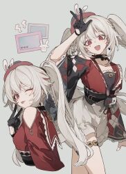  1girl black_gloves breasts clothing_cutout diamond_(shape) diamond_facial_mark ellygretta facial_mark gloves grey_background grey_hair half_gloves hat heart heart_facial_mark highres honkai:_star_rail honkai_(series) mini_hat mini_top_hat multiple_views open_mouth red_shirt shirt shoulder_cutout single_glove skirt small_breasts sparkle_(honkai:_star_rail) sparxie_(honkai:_star_rail) tongue tongue_out top_hat twintails white_skirt 