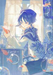  1boy alternate_costume beret black_shorts closed_mouth curtains eyeliner from_side genshin_impact hat indoors makeup open_mouth parted_bangs pen scaramouche_(genshin_impact) short_hair shorts sitting solo starugar wanderer_(genshin_impact) wanderer_(mega_mgc_coffee)_(genshin_impact) window 