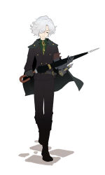  1boy 35_7_9 belt black_cape black_pants cape closed_eyes closed_mouth commentary_request full_body highres holding holding_umbrella holding_weapon korean_commentary lies_of_p male_focus mechanical_arms official_alternate_hair_color pants pinocchio_(lies_of_p) prosthesis prosthetic_arm short_hair single_mechanical_arm smile solo standing umbrella weapon white_hair 