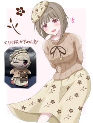  1girl :d aheaheliveman arms_behind_back beret bob_cut brown_hair brown_sweater collarbone commentary_request cowboy_shot floral_print floral_print_skirt hat highres inverted_bob kuripan_plushie long_sleeves looking_at_viewer love_live! love_live!_nijigasaki_high_school_idol_club nakasu_kasumi open_mouth photo_inset pink_eyes print_hat print_skirt reference_inset short_hair skirt smile solo sweater white_hat white_skirt 