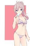  1girl alternate_costume aoba_(kantai_collection) bikini blue_eyes cowboy_shot earrings eyebrows eyebrows_visible_through_hair food hair_between_eyes ice_cream inniyik jewelry kantai_collection mouth_hold pink_hair popsicle sexually_suggestive simple_background solo striped striped_bikini swimsuit 