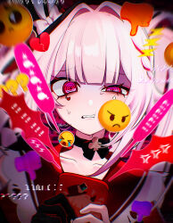  1girl @_@ absurdres ama_some_(kr0ri) black_choker black_gloves black_hat boots bow choker commentary_request diamond_(shape) diamond_facial_mark emoji facial_mark gloves hat heart heart_facial_mark highres holding holding_phone honkai:_star_rail honkai_(series) long_hair mini_hat mini_top_hat phone pink_eyes shirt solo sparkle_(honkai:_star_rail) sparxie_(honkai:_star_rail) sweatdrop top_hat twintails white_hair white_shirt 