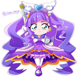  1girl arched_bangs arm_up book brooch chibi chibi_only closed_mouth clothing_cutout commentary cure_majesty detached_sleeves dress earclip elbow_gloves ellee-chan frilled_thighhighs frills full_body gloves gold_choker hair_ornament half-dress heart heart_hair_ornament high-low_dress hirogaru_sky!_precure holding holding_book jewelry legs_together long_hair looking_at_viewer magical_girl majestic_chroniclon mary_janes medium_dress precure puffy_detached_sleeves puffy_sleeves purple_dress purple_hair purple_shoes shoes signature smile soboro_(jitome_dan) solo split_mouth standing thick_eyebrows thigh-highs twitter_username two_side_up v-shaped_eyebrows very_long_hair white_background white_gloves white_thighhighs wing_brooch wing_hair_ornament zettai_ryouiki 