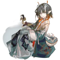  1girl arknights black_hair closed_mouth colored_extremities commentary dragon_girl dragon_horns dragon_tail earrings eastern_dragon_horns eastern_dragon_tail full_body green_hands grey_eyes highres horns jewelry jie_(arknights) long_sleeves looking_at_viewer medium_hair multicolored_hair naoel_(naoel_art) open_clothes orange_hair orange_streaks pointy_ears simple_background solo streaked_hair tail two-tone_hair white_background wide_sleeves 