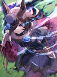  1girl animal_ears aura bare_shoulders black_thighhighs blue_dress blue_flower blue_hat blue_rose breasts brown_hair closed_mouth commentary_request dagger dress flipped_hair flower fur_choker gomashiwo_o hair_over_one_eye hat hat_flower horse_ears horse_girl knife long_hair long_sleeves motion_blur off-shoulder_dress off_shoulder rice_shower_(rosy_dreams)_(umamusume) rice_shower_(umamusume) rose running sheath sheathed small_breasts solo thigh-highs tilted_headwear umamusume violet_eyes weapon 