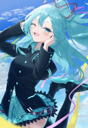  1girl absurdres aqua_eyes aqua_hair aqua_nails aqua_skirt aqua_trim black_jacket black_ribbon boots collared_shirt commentary_request fingernails floating hair_between_eyes hair_ornament hair_ribbon hands_on_own_head hatsune_miku hatsune_miku_(if) headset highres jacket long_hair long_sleeves looking_at_viewer nail_polish neoche official_alternate_costume official_alternate_hairstyle one_eye_closed open_mouth plaid_clothes plaid_skirt ribbon shirt skirt solo thigh_boots very_long_hair vocaloid zettai_ryouiki 