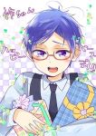  1boy ahoge blue_hair blush child free! glasses happy_birthday male_focus necktie present ryuugazaki_rei text violet_eyes watawata_(wtaawata) younger 
