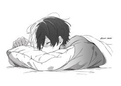  1boy blanket blush boku_no_hero_academia burn_scar closed_eyes commentary_request highres hrak_mumi lying male_focus multicolored_hair on_bed on_stomach pillow scar shirt short_hair simple_background sleeping solo split-color_hair todoroki_shoto twitter_username two-tone_hair under_covers white_background 