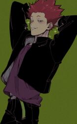  1boy arms_behind_head arms_up belt black_pants blush gakuran green_background haikyuu!! highres looking_at_viewer male_focus pants purple_shirt red_eyes red_hair school_uniform shirt short_hair simple_background solo teeth tendou_satori tkr_241 twitter_username 