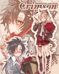  2girls air_shakur_(umamusume) animal_ear_piercing animal_ears argyle_bow asymmetrical_bangs belt belt_buckle bespectacled black-framed_eyewear black_belt black_boots black_choker black_hair black_jacket blazer blush boots bouquet bow breast_pocket bright_pupils brown_background brown_hair buckle casual cellphone character_request chinese_commentary choker closed_eyes closed_mouth collared_jacket collared_shirt colored_inner_hair commentary_request copyright_notice corded_phone earrings ears_down face_piercing flower flower_earrings forehead_piercing frown giving_flower glasses grey_shirt gyaru hair_between_eyes hair_bow hair_ornament hairband hairclip halftone happy heart heart_tattoo highres holding holding_bouquet holding_phone hoop_earrings horse_ears horse_girl horse_tail jacket jewelry knee_boots lace-up_boots lapels layered_sleeves long_hair long_sleeves miniskirt mole mole_under_each_eye mole_under_eye multicolored_hair multiple_girls multiple_moles multiple_piercings neck neck_tattoo necktie notched_lapels open_clothes open_jacket open_mouth outline parallel_hairclips phone piercing pink_bow pink_hairband pink_necktie plaid_clothes plaid_skirt pleated_skirt pocket pointy_nose ponytail projected_inset red_flower red_rose red_skirt rose sample_watermark shirt short_sleeves single_earring sk1y_as skirt sleeve_cuffs sleeves_past_wrists smartphone smile spiked_belt striped_clothes striped_necktie striped_shirt studded_belt surprised tail talking_on_phone tattoo thigh_belt thigh_strap two-tone_hair two-tone_necktie umamusume unmoving_pattern vertical-striped_clothes vertical-striped_shirt watermark watermark_grid wavy_hair white_bow white_hair white_necktie white_outline white_pupils white_shirt wide-eyed yellow_eyes yuri 