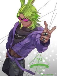  1boy animal_ears commentary_request crop_top dark-skinned_male dark_skin denka_(cloudy-gray) eheeya_(ff14) final_fantasy final_fantasy_xiv gradient_background green_hair highres jacket looking_at_viewer male_focus midriff navel pink-tinted_eyewear purple_jacket rabbit_boy rabbit_ears solo sunglasses tinted_eyewear twitter_username viera watermark 