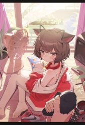  1girl 1other absurdres air_jordan_1 animal_collar animal_ear_hairband animal_ears bag_of_chips bell black_border black_hairband blush border bra breasts brown_hair cat_ears cat_girl cat_tail chips_(food) closed_mouth collar commentary_request commission controller crt day domado electric_fan fake_animal_ears food furrowed_brow game_controller hair_between_eyes hairband highres indoors jacket jingle_bell joy-con korean_commentary lay's_(potato_chips) letterboxed long_sleeves looking_at_viewer mole mole_under_eye neck_bell nike_(company) no_shoes off_shoulder one-piece_swimsuit open_clothes open_jacket original pen plant potato_chips potted_plant pov pov_hands prunechi red_collar red_eyes red_jacket red_shoes second-party_source shoes short_hair sitting small_breasts sneakers solo_focus sticky_note swimsuit tail tail_grab thigh-highs underwear unworn_shoes white_bra white_one-piece_swimsuit white_thighhighs window windowsill wooden_floor yokozuwari 