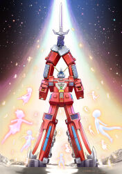  6+others absurdres antennae armor artist_name assault_visor axe blue_visor caterpillar_tracks chest_jewel commentary_request dated densetsu_kyojin_ideon full_body gem ghost green_gem highres holding holding_sword holding_weapon ideon joints mecha mecha_focus misogram multiple_others no_humans no_pupils raise_sword robot robot_joints science_fiction shoulder_armor signature space star_(sky) sword weapon 