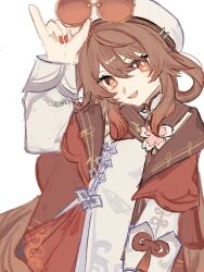  1girl absurdres beret blush bright_pupils brown_hair cape chinese_clothes commentary_request dress fingernails flower flower-shaped_pupils flower_ornament genshin_impact gradient_hair hair_between_eyes hair_rings hand_up hat highres holding holding_removed_eyewear hu_tao_(cherries_snow-laden)_(genshin_impact) hu_tao_(genshin_impact) lapels long_hair long_sleeves looking_at_viewer mandarin_collar multicolored_hair nail_polish official_alternate_costume official_alternate_hairstyle open_mouth orange_eyes pink_flower puffy_long_sleeves puffy_sleeves red-tinted_eyewear red_cape red_hair red_nails red_ribbon ribbon round_eyewear sidelocks simple_background smile solo sunglasses symbol-shaped_pupils tassel teeth tinted_eyewear tongue two-tone_hair unworn_eyewear uoxou_o37 very_long_hair white_background white_dress white_hat white_pupils 