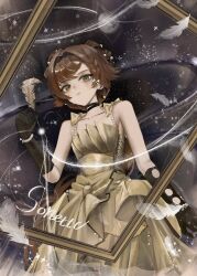  1girl black_gloves black_hairband braid braided_sidelock character_name closed_mouth commentary dress falling_feathers feathers gloves green_eyes grey_background hairband hand_up highres holding holding_quill looking_at_viewer low_ponytail meong02 official_alternate_costume orange_hair picture_frame ponytail quill reverse:1999 sleeveless sleeveless_dress solo sonetto_(reverse:1999) upper_body yellow_dress 