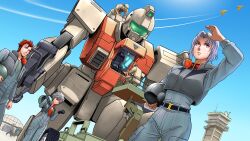  2girls 5boys absurdres aircraft airplane antennae assault_visor belt black_eyes black_gloves closed_mouth cockpit commentary_request computer_keyboard control_tower cropped_jacket crystal_necklace day earth_federation fighter_jet forklift gloves glowing ground_gm gun gundam gundam_08th_ms_team hangar helmet highres holding holding_gun holding_unworn_helmet holding_weapon jacket jewelry mecha military_base military_uniform military_vehicle misogram mobile_suit monitor multiple_boys multiple_girls open_clothes open_cockpit open_jacket orange_eyes outdoors overgrown pendant plant purple_hair railing red_eyes red_hair repairing robot satellite_dish science_fiction shading_face squatting submachine_gun sweat tower unworn_headwear unworn_helmet weapon wheel wire 