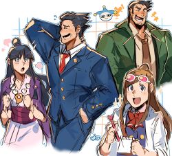  2boys 2girls :d absurdres ace_attorney arm_behind_head arm_up black_hair blue_coat blue_eyes blue_jacket blue_pants blue_suit blunt_bangs blush bow bowtie brown_hair brown_necktie closed_eyes coat collared_shirt commentary dick_gumshoe ema_skye english_commentary eyewear_on_head facial_hair flying_sweatdrops formal_clothes graysheartart green_coat green_jacket grin hair_ornament half_updo hand_in_pocket hanten_(clothes) highres holding holding_paper holding_pen jacket japanese_clothes jewelry kimono lab_coat lapels long_hair long_sleeves magatama magatama_necklace maya_fey multiple_boys multiple_girls necklace necktie obi open_mouth pants paper pen phoenix_wright phoenix_wright:_ace_attorney pink_sash purple_jacket red_bow red_bowtie red_necktie sash scratching_head shirt short_hair short_kimono sideburns sidelocks sketch smile sparkle spiky_hair stubble suit suit_jacket topknot white_kimono white_shirt 
