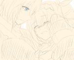  1boy 1girl blue_eyes blush brother_and_sister closed_eyes coat dress edna_(tales) eizen_(tales) gloves hairband monochrome open_mouth short_hair side_ponytail smile spot_color tales_of_(series) tales_of_berseria tales_of_zestiria tears white_background 