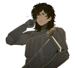  1girl armor black_armor black_eyes black_hair dark-skinned_female dark_skin eye_of_horus gun highres holding holding_gun holding_weapon jamila_(project_moon) limbus_company medium_hair misg1111 project_moon rifle simple_background solo udjat_(project_moon) vest vest_pouch weapon white_background wolf_cut 