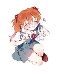 1girl aqua_skirt blush bow bowtie brown_shoes closed_eyes dambi0225 double_v grin hair_between_eyes highres interface_headset_(evangelion) long_hair neon_genesis_evangelion orange_hair red_bow red_bowtie school_uniform seiza shirt shoes sitting skirt smile souryuu_asuka_langley suspender_skirt suspenders tokyo-3_middle_school_uniform twitter_username v white_shirt 
