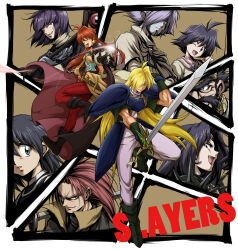  3girls 6+boys ahoge amelia_wil_tesla_seyruun armor black_hair blonde_hair boots brown_background cape chaos_dragon_garv choker commentary_request copyright_name earrings everyone facial_hair gloves gourry_gabriev green_eyes grey_hair hair_over_one_eye hellmaster_phibrizzo holding holding_sword holding_weapon itouei jewelry lina_inverse long_hair magic multiple_boys multiple_girls mustache naga_the_serpent one_eye_closed orange_hair pants pauldrons philionel_el_di_seyruun photoshop_(medium) pink_choker purple_hair revision shirt short_hair shoulder_armor slayers sword v weapon xelloss zelgadiss_graywords 