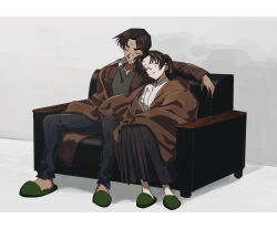  1boy 1girl arm_around_shoulder black_pants black_skirt brown_hair chair closed_eyes commentary_request dirty dirty_face full_body green_slippers grey_background grey_shirt hair_ribbon hattori_heiji hetero highres japanese_clothes leaning_on_person long_hair meitantei_conan pants parted_bangs parted_lips ponytail ribbon shared_blanket shirt short_hair sitting skirt sleeping slippers tan tkc_(tkoshinchan) tooyama_kazuha white_shirt yellow_ribbon 