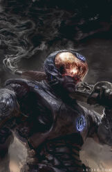  1boy ari_ibarra assault_visor black_gloves body_armor commentary copyright_logo english_commentary gloves grey_sky gun helmet highres holding holding_gun holding_weapon logo male_focus marathon photoshop_(medium) scar scar_on_cheek scar_on_face scar_on_mouth science_fiction security_officer_(marathon) serious shotgun sky smoke smoking_barrel solo upper_body weapon web_address yellow_visor 