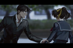  1boy 1girl blurry blurry_background collared_shirt commentary_request facing_away gakuran grabbing_another's_arm hattori_heiji highres holding_another's_wrist letterboxed looking_at_viewer meitantei_conan outdoors overcast ponytail rain ribbon sailor_collar school_uniform shirt short_hair sky tan tkc_(tkoshinchan) tooyama_kazuha white_shirt yellow_ribbon 