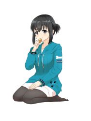  1girl absurdres black_hair black_pantyhose blue_hoodie blue_sweater bowl commentary_request food highres holding holding_food hood hooded_sweater hoodie indoors k1kojima long_sleeves looking_at_viewer original pantyhose ponytail seiza senbei short_hair short_ponytail shorts simple_background sitting solo suzunatsu_ichiha sweater white_background white_shorts 