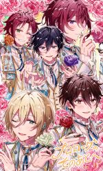  5boys bangs_pinned_back black_hair blonde_hair blue_eyes blue_gem brown_eyes brown_hair buttons clenched_teeth closed_mouth collar commentary_request dream_diary_(ensemble_stars!) ensemble_stars! fingernails floral_background flower frilled_collar frills gem green_eyes hair_between_eyes hand_on_another's_shoulder hands_up headset hidaka_hokuto highres holding holding_flower isara_mao long_bangs looking_at_viewer male_focus morisawa_chiaki multiple_boys one_eye_closed open_mouth purple_flower purple_rose red_flower red_hair red_rose rose short_hair sideways_glance smile sparkle suou_tsukasa takeda_(mdca4649) teeth tenshouin_eichi twitter_username upper_body violet_eyes 