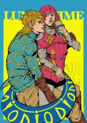  1boy 1girl 39zaku39 aqua_sweater argyle_clothes argyle_sweater blonde_hair blue_tail bodysuit boots brown_boots brown_gloves capelet clothing_cutout commentary_request diego_brando dinosaur_tail dress eating flower_ornament food fur-trimmed_dress fur_trim gloves gold_flower grey_bodysuit highres holding holding_food holding_sandwich hot_pants_(sbr) jojo_no_kimyou_na_bouken leaf_ornament long_sleeves looking_at_another missing_headwear open_mouth pink_capelet pink_dress pink_hair sandwich scary_monsters_(stand) shoulder_cutout stand_(jojo) steel_ball_run sweater tail teeth turtleneck turtleneck_sweater 