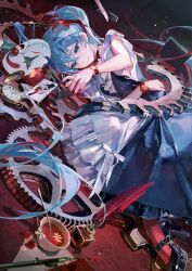  ame929 black_shoes blue_eyes blue_hair bracelet broken_mask card character_request check_character check_copyright commentary_request copyright_request dress gears hair_tie hatsune_miku highres inkwell jewelry joker_(playing_card) lying mask on_side pantyhose playing_card pocket_watch quill red_pantyhose shoes sleeveless sleeveless_dress tea two-tone_dress unworn_mask vocaloid watch watch 