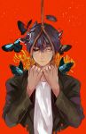 1boy animal animal_on_head animal_on_shoulder bangs black_hair black_jacket black_sclera butterfly closed_mouth cropped_torso flower frown hair_between_eyes heterochromia holding jacket long_sleeves looking_at_viewer male_focus mismatched_sclera mob_psycho_100 mogami_keiji noose red_background red_eyes rope saha spider_lily yellow_eyes 